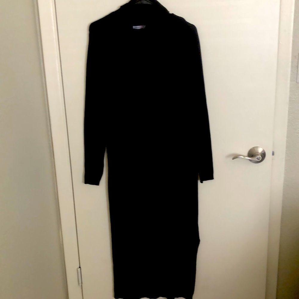 Black cotton knit turtle neck midi dress